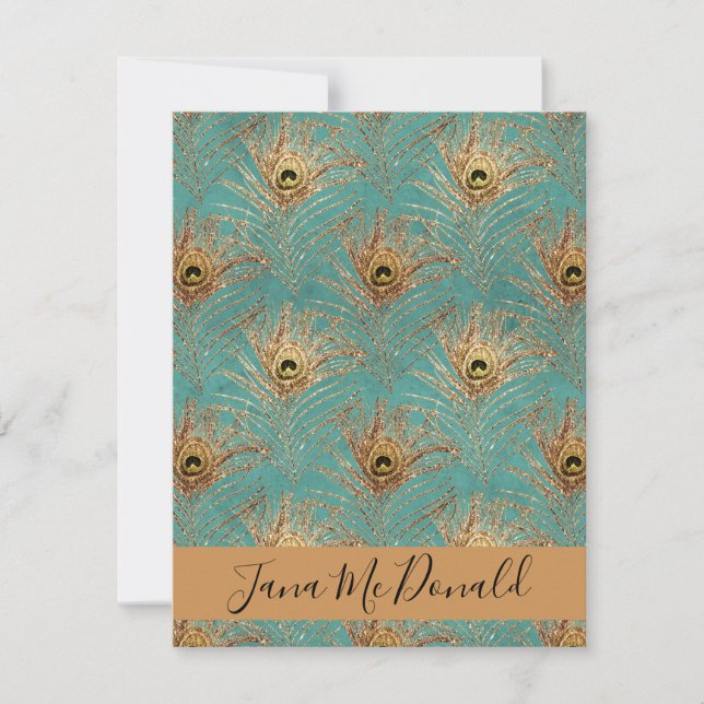 Elegant Glitter Peacock Feathers Personalized   Note Card (Front)