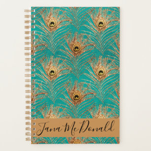 Elegant Glitter Peacock Feathers Personalized Planner