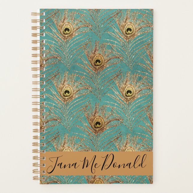 Elegant Glitter Peacock Feathers Personalized  Planner (Front)