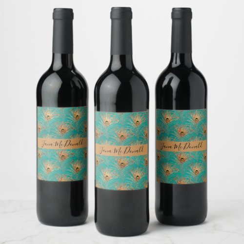 Elegant Glitter Peacock Feathers Personalized  Wine Label