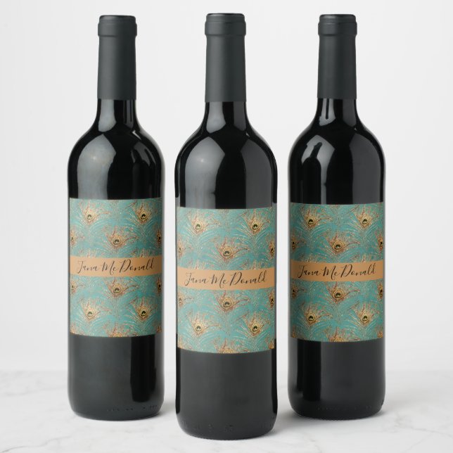 Elegant Glitter Peacock Feathers Personalized  Wine Label (Bottles)