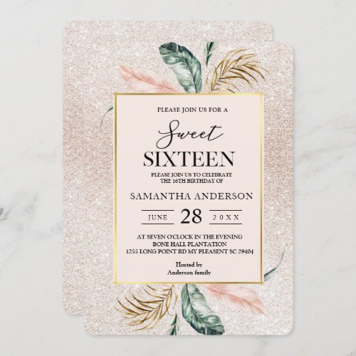 Elegant Glitter Pink Green And Gold Leaves Beauty  Invitation