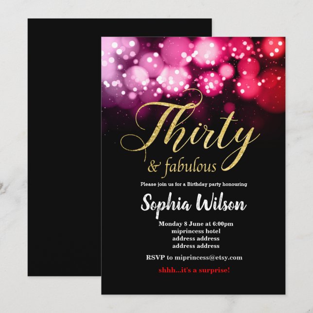 elegant glitter pink red birthday invitation (Front/Back)