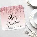 Elegant Glitter Pink Rose Gold 50th Birthday Party Square Paper Coaster<br><div class="desc">Chic custom coasters for her 50th birthday party featuring "50 & Fabulous" in an elegant calligraphy script on a pink ombre background and dripping pink and rose gold faux glitter. Perfect for table decor that guests can take home as a souvenir party favor.</div>