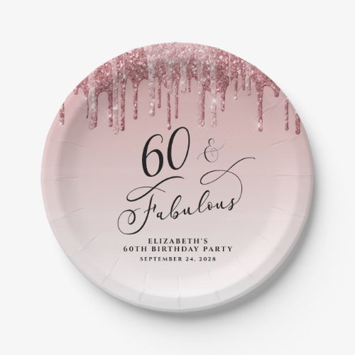 Elegant Glitter Pink Rose Gold 60th Birthday Party Paper Plates