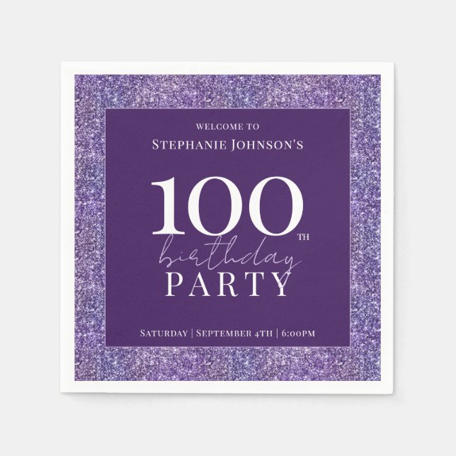 Elegant Glitter Purple 100th Birthday Party Napkins (Front)