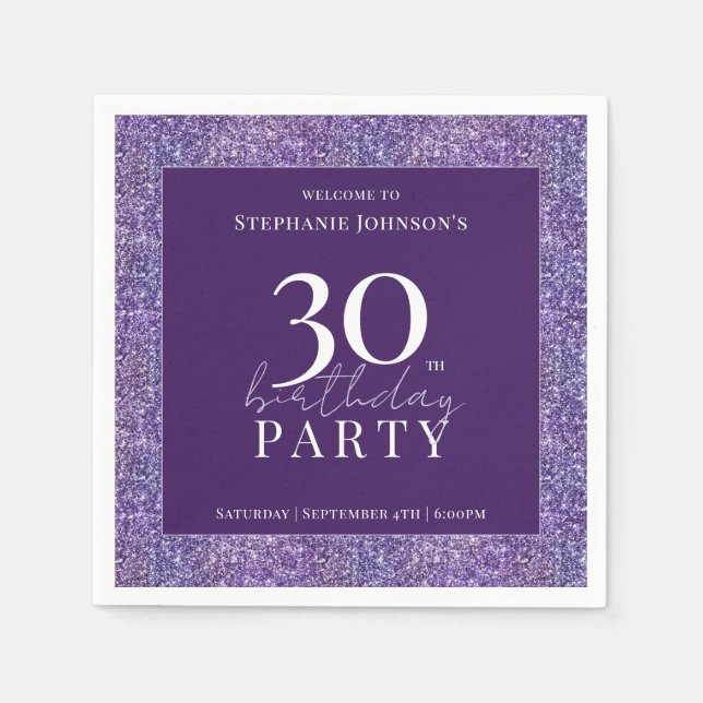 Elegant Glitter Purple 30th Birthday Party Napkins (Front)