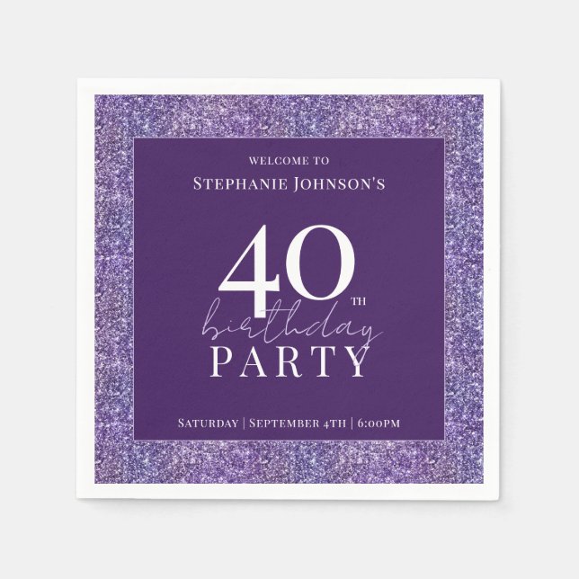 Elegant Glitter Purple 40th Birthday Party Napkins (Front)