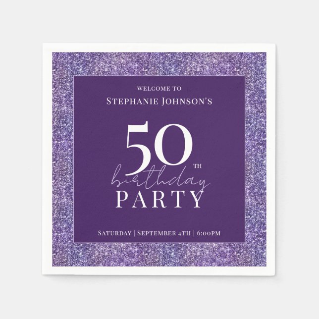 Elegant Glitter Purple 50th Birthday Party Napkins (Front)