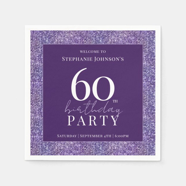 Elegant Glitter Purple 60th Birthday Party Napkins (Front)