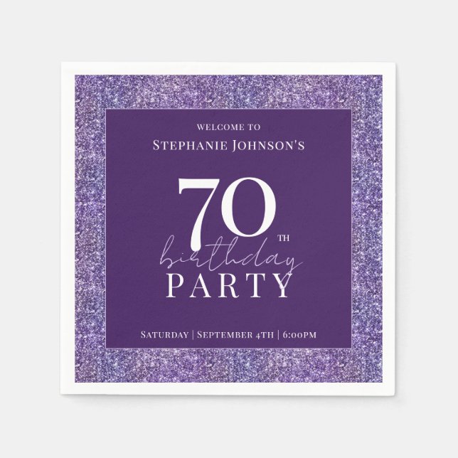 Elegant Glitter Purple 70th Birthday Party Napkins (Front)