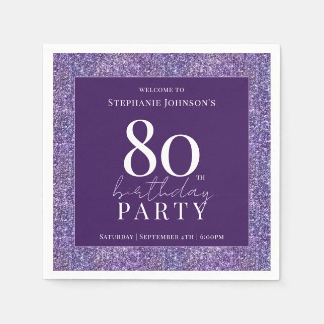 Elegant Glitter Purple 80th Birthday Party Napkins (Front)