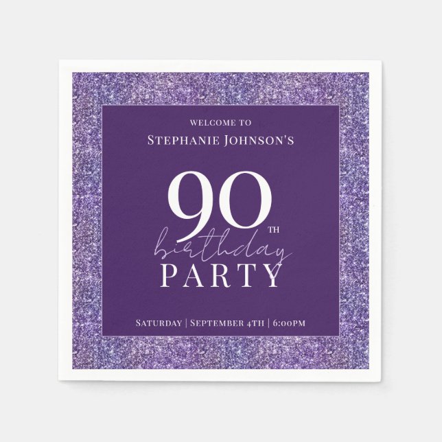 Elegant Glitter Purple 90th Birthday Party Napkins (Front)