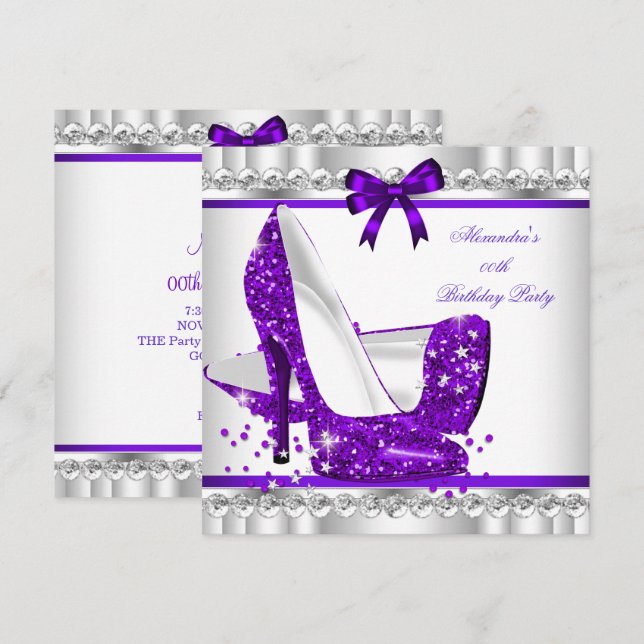 Elegant Glitter Purple Glamour High Heel Silver 3c Invitation (Front/Back)