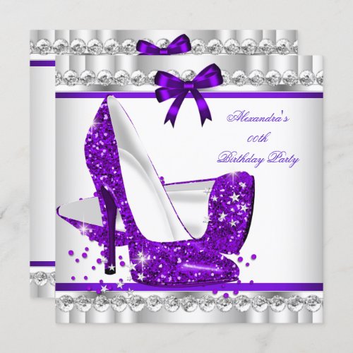 Elegant Glitter Purple Glamour High Heel Silver 3c Invitation