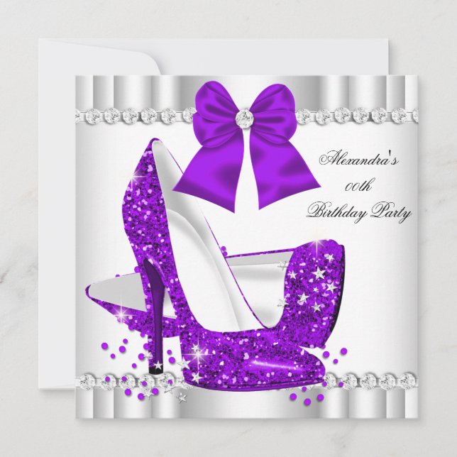 Elegant Glitter Purple Glamour High Heels White Invitation (Front)