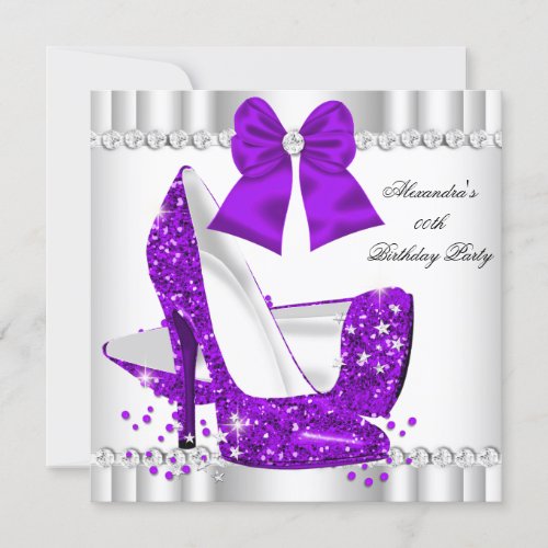 Elegant Glitter Purple Glamour High Heels White Invitation