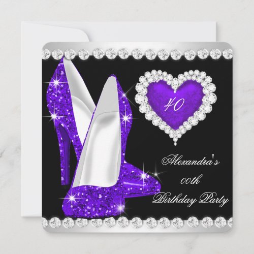 Elegant Glitter Purple Heart Shoes Birthday Party Invitation