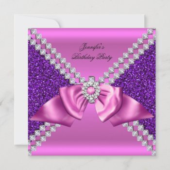 Elegant Glitter Purple Pink Diamond Bow Birthday Invitation by Zizzago at Zazzle