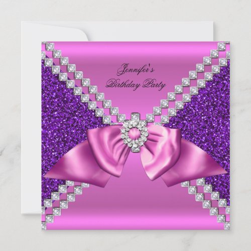 Elegant Glitter Purple Pink Diamond Bow Birthday Invitation