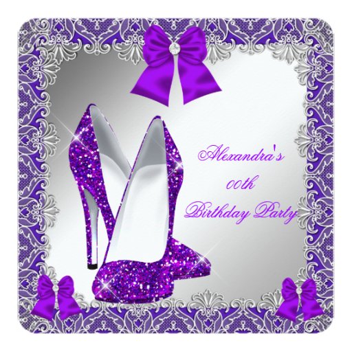 Elegant Glitter Purple Stiletto Birthday Party Card | Zazzle