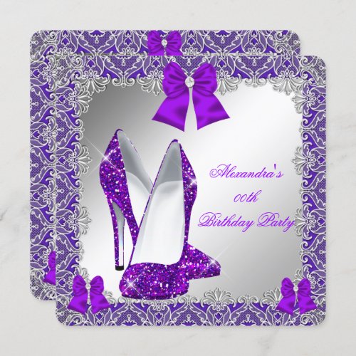 Elegant Glitter Purple Stiletto Birthday Party Invitation