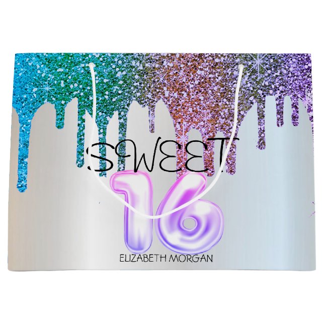 Elegant Glitter Rainbow Drips Silver  Sweet 16 Large Gift Bag (Front)