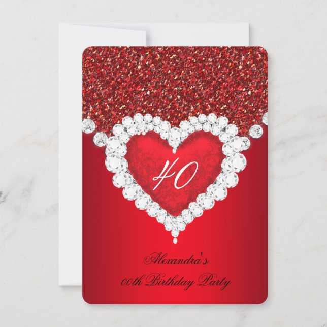 Elegant Glitter Red Diamond Heart Birthday Invitation (Front)