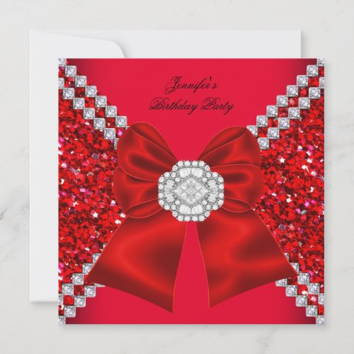 Elegant Glitter Red Diamonds Birthday Party Custom Invites