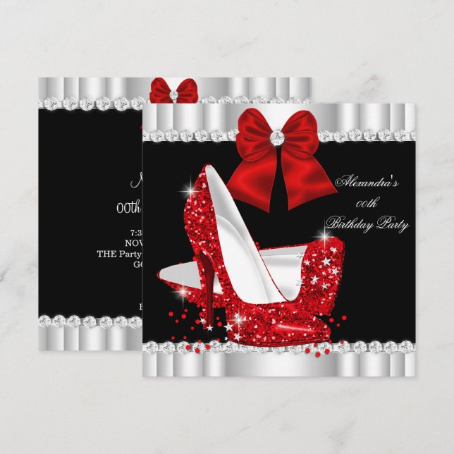 Elegant Glitter Red Glamour High Heels Birthday Invitation (Front/Back)