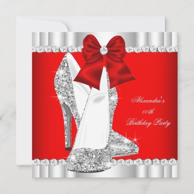 Elegant Glitter Red Glamour High Heels Silver 2 Invitation (Front)