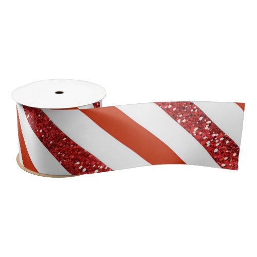 Elegant Glitter Red White StripesChristmas Satin Ribbon