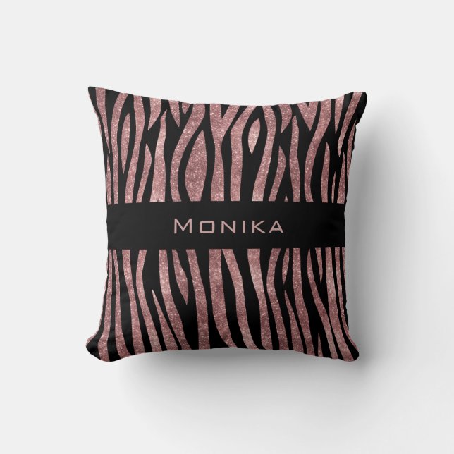 Elegant Glitter Rose Gold Animal Skin Zebra Print Throw Pillow (Front)