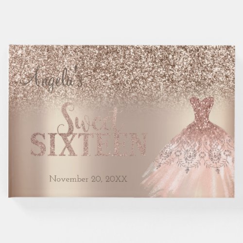 Elegant Glitter Rose Gold Dress Bokeh Sweet 16 Guest Book
