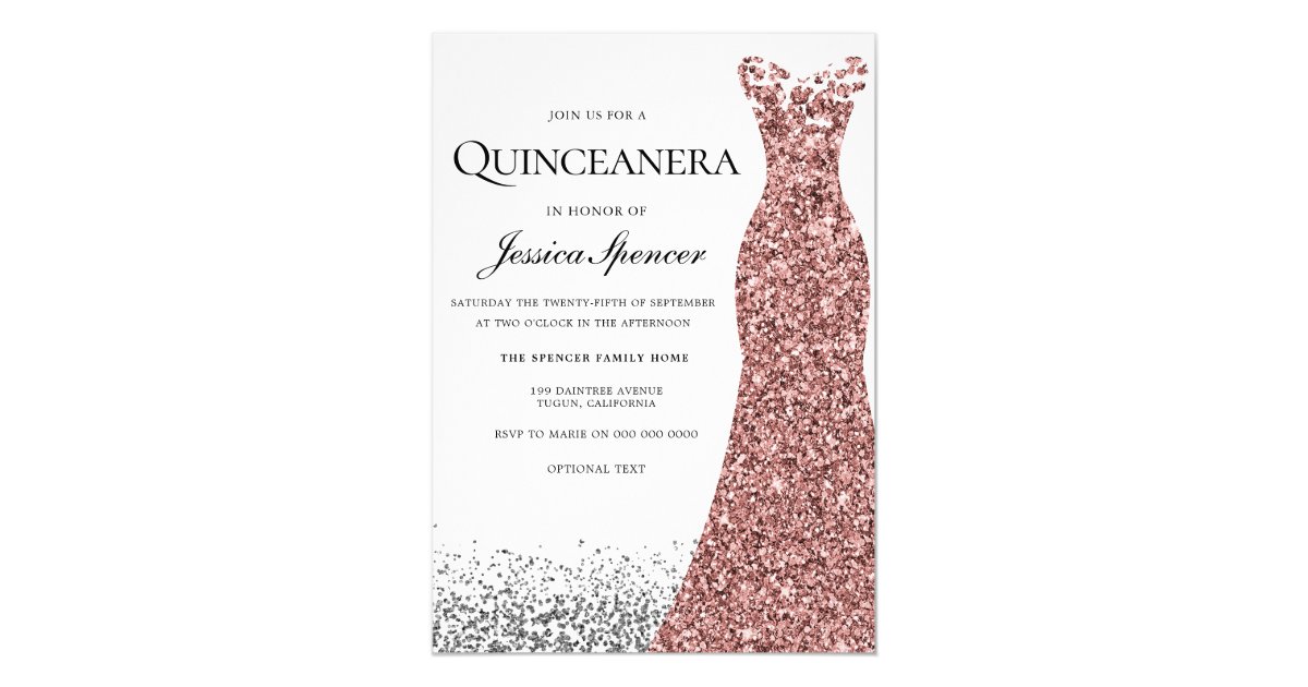 Elegant Glitter Rose Gold Dress Quinceanera Invite