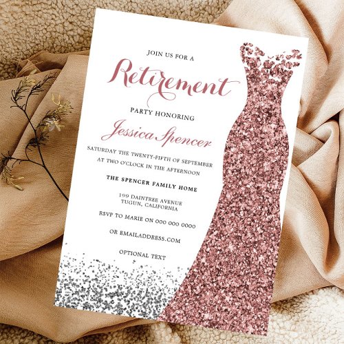 Elegant Glitter Rose Gold Dress Retirement Party Invitation