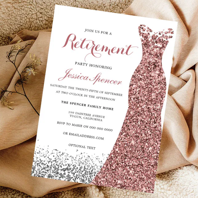 Elegant Glitter Rose Gold Dress Retirement Party Invitation | Zazzle