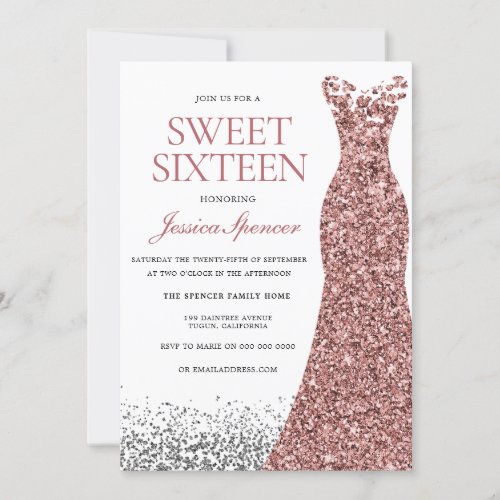 Elegant Glitter Rose Gold Dress Sweet 16 Invite
