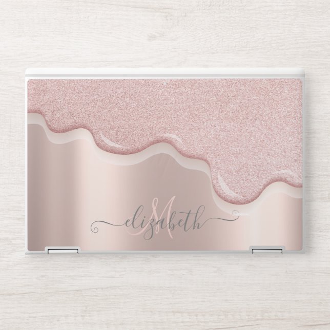 Elegant Glitter Rose Gold Drips Monogram HP Laptop Skin (Front)