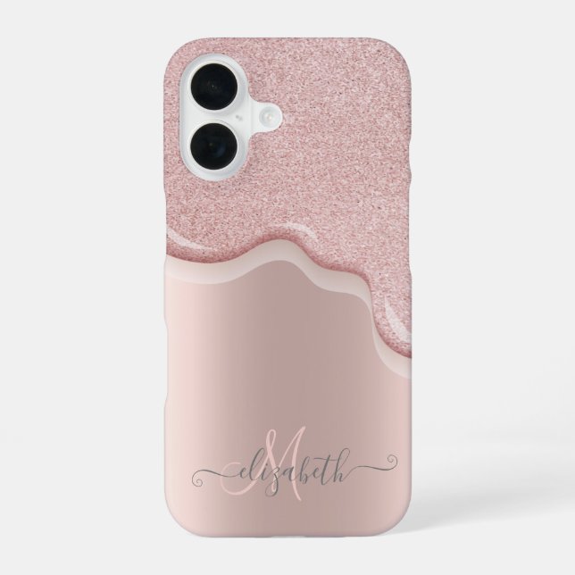 Elegant Glitter Rose Gold Drips Monogram iPhone Case (Back)