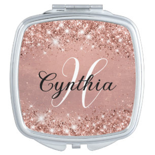 Elegant Glitter Rose Gold Foil Fancy Monogram Compact Mirror