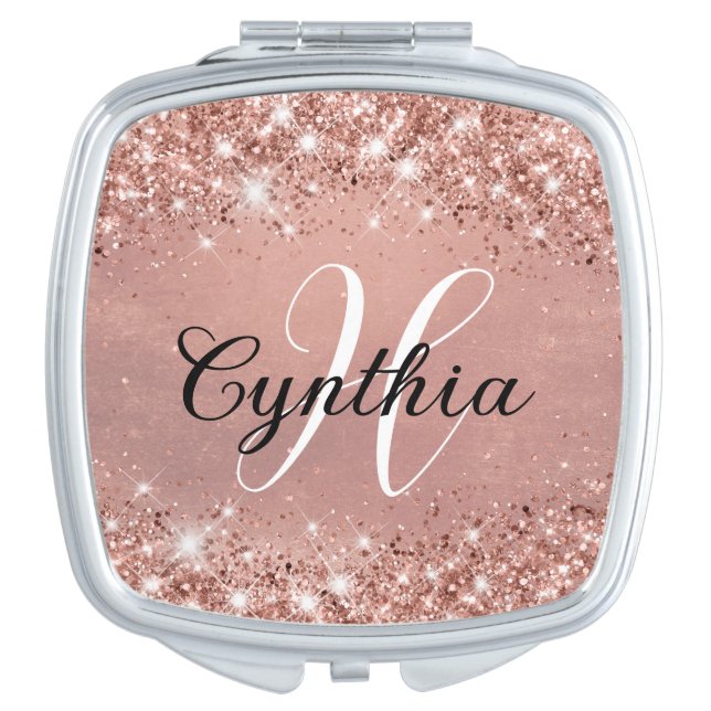 Elegant Glitter Rose Gold Foil Fancy Monogram Compact Mirror (Front)