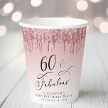 Elegant Glitter Rose Gold Pink 60th Birthday Party Paper Cups<br><div class="desc">Elegant and chic personalized 60th birthday party paper cups featuring "60 & Fabulous" written in a stylish script against a pink ombre background,  with pink and rose gold faux glitter dripping from the top. Personalize with her name and date of the party.</div>