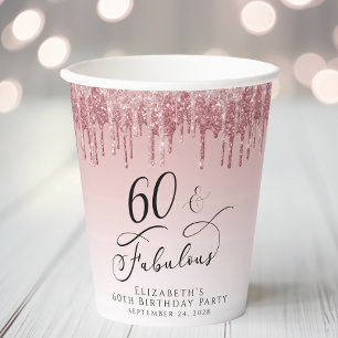 Elegant Glitter Rose Gold Pink 60th Birthday Party Paper Cups