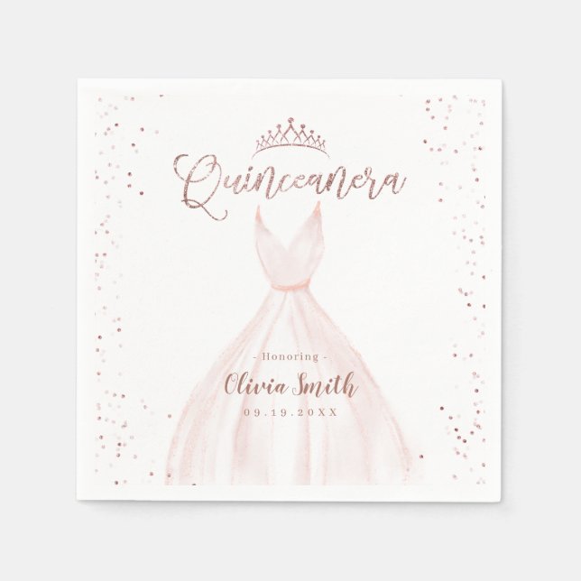 Elegant glitter rose gold with dress quinceañera n napkins (Front)