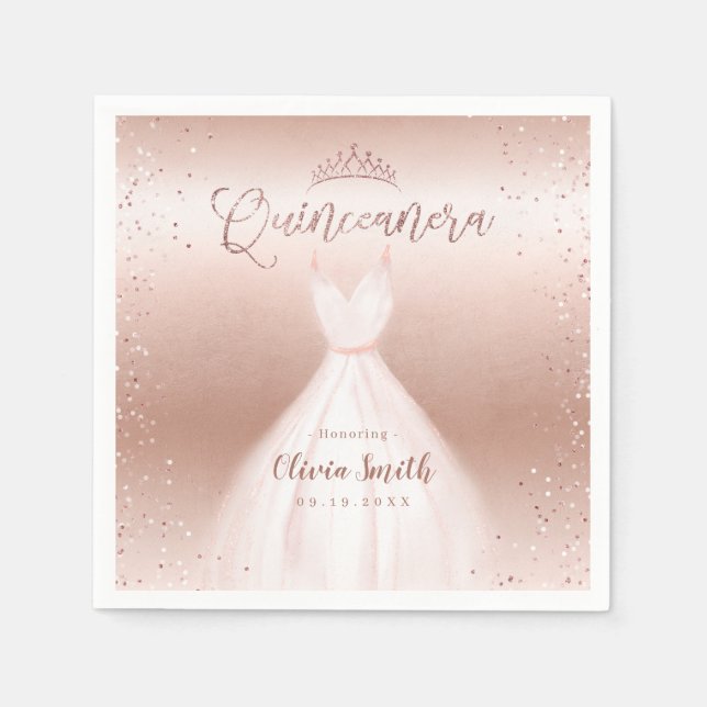 Elegant glitter rose gold with dress quinceañera napkins (Front)