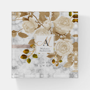 Elegant Glitter Rose White Monogram Paperweight