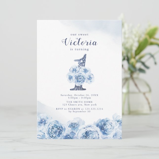 Elegant glitter script blue floral 1st birthday invitation (Standing Front)