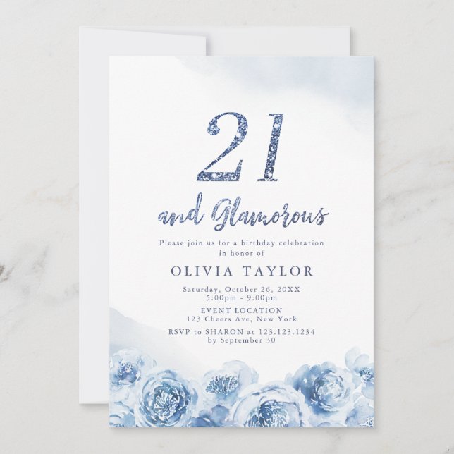Elegant glitter script blue floral 21st birthday invitation (Front)