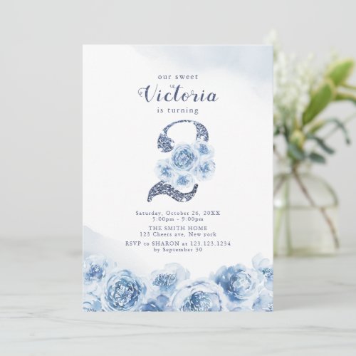 Elegant glitter script blue floral 2nd birthday invitation